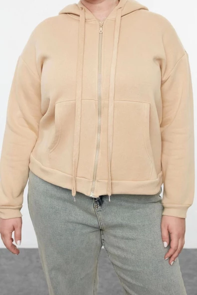 Kadın Büyük Beden Oversize Kapüşonlu Düşük Kol Regular İçi Polarlı Önü Fermuarlı Örme Sweatshirt