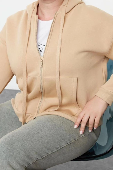 Kadın Büyük Beden Oversize Kapüşonlu Düşük Kol Regular İçi Polarlı Önü Fermuarlı Örme Sweatshirt - 3