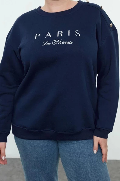 Kadın Büyük Beden Boyfriend Bisiklet Yaka Düşük Kol Düğme ve Nakışlı İçi Polar Örme Sweatshirt