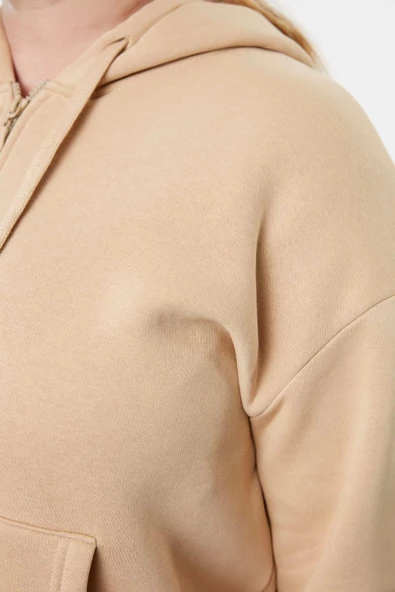 Kadın Büyük Beden Oversize Kapüşonlu Düşük Kol Regular İçi Polarlı Önü Fermuarlı Örme Sweatshirt - 4