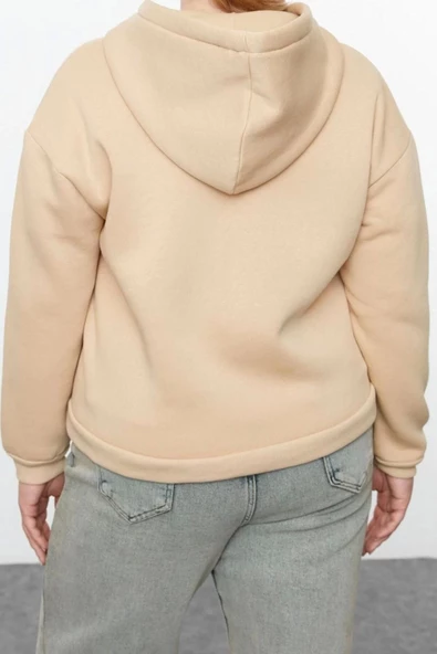 Kadın Büyük Beden Oversize Kapüşonlu Düşük Kol Regular İçi Polarlı Önü Fermuarlı Örme Sweatshirt - 5