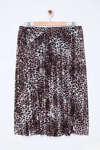 Kadın Moda Stil Midi Astarsız Dokuma Büyük Beden Esnek Lastik Belli Leopar Desenli Piliseli Etek