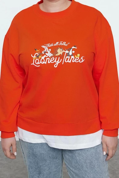 Kadın Büyük Beden Regular Bisiklet Yaka Standart Kol Regular Looney Tunes Lisanslı Örme Sweatshirt