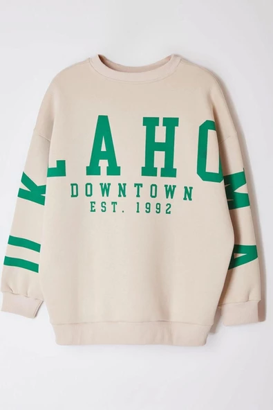 Kadın Büyük Beden Oversize Bisiklet Yaka Düşük Kol Genilş Kalıp Sırtı Baskılı Polar Kalın Sweatshirt
