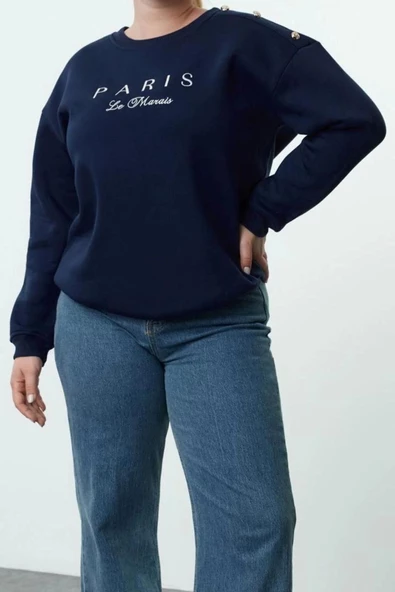 Kadın Büyük Beden Boyfriend Bisiklet Yaka Düşük Kol Düğme ve Nakışlı İçi Polar Örme Sweatshirt - 2