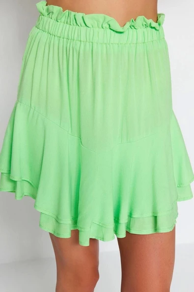 Kadın Moda Stil Mini Astarsız Dokuma Yeşil Mini Dokuma Fırfırlı Etek