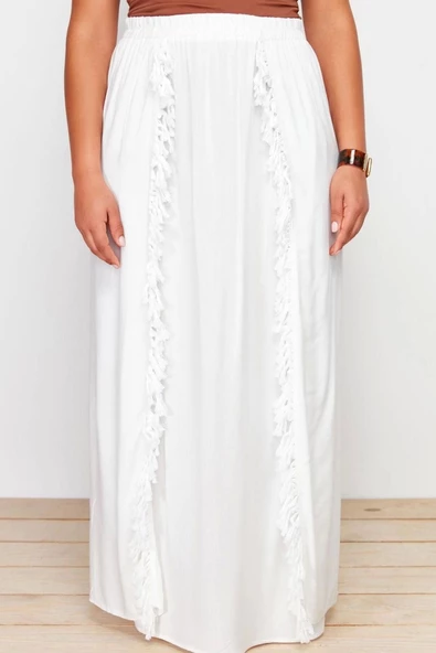 Kadın Moda Stil Maxi Astarsız Dokuma Büyük Beden Dokuma Püsküllü Yırtmaç Detaylı Plaj Giyim Etek - 3
