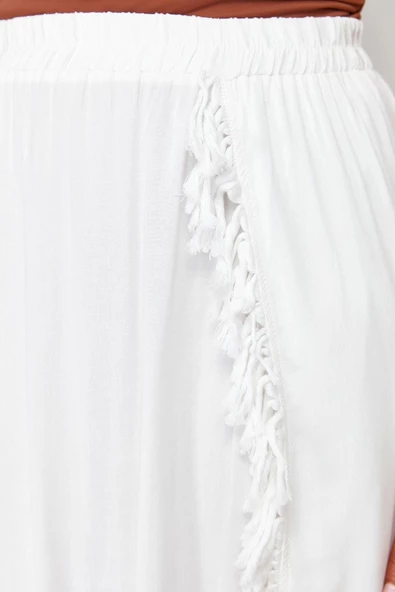 Kadın Moda Stil Maxi Astarsız Dokuma Büyük Beden Dokuma Püsküllü Yırtmaç Detaylı Plaj Giyim Etek - 5
