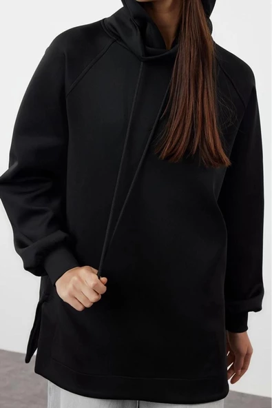 Kadın Tesettür Moda Şık Regular Kapüşonlu Standart Kol Regular Dalgıç Scuba Örme Sweatshirt - 2