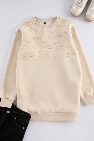 Kadın Tesettür Moda Şık Oversize Bisiklet Yaka Standart Kol Uzun Şardonlu Aksesuarlı Sweatshirt