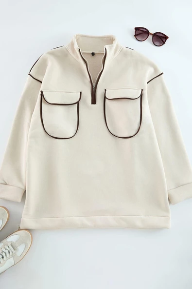 Kadın Tesettür Moda Şık Oversize Dik Yaka Standart Kol Uzun Fermuar ve Cep Detaylı Sweatshirt