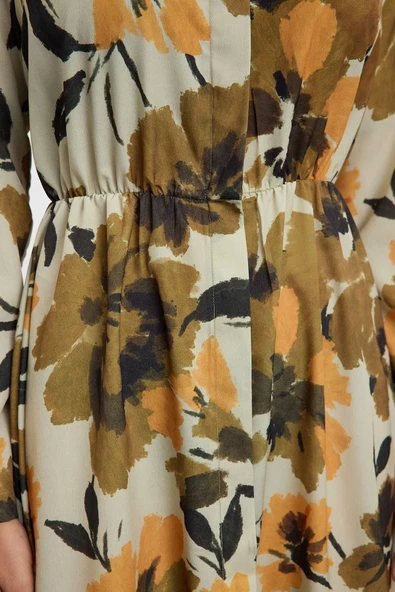 Kadın Moda Şık Tesettür Maxi Boy Gömlek Yaka Regular Çiçek Desenli Piliseli Dokuma Elbise - 4