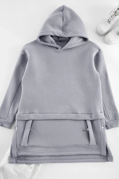 Kadın Tesettür Moda Şık Regular Kapüşonlu Düşük Kol Uzun Cep Detaylı Örme Sweatshirt - 1