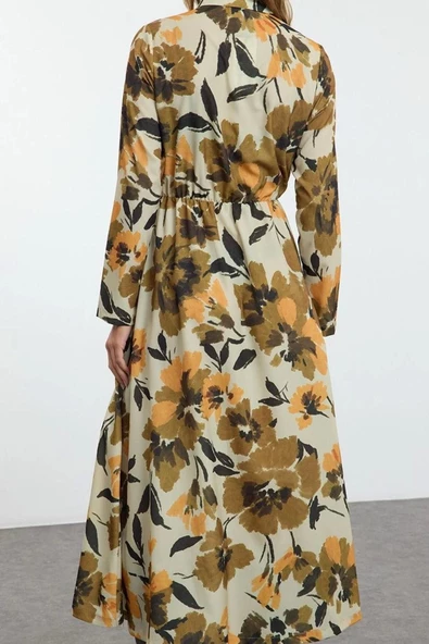 Kadın Moda Şık Tesettür Maxi Boy Gömlek Yaka Regular Çiçek Desenli Piliseli Dokuma Elbise - 5
