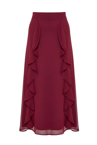 Kadın Moda Stil Midi Astarlı Dokuma Tesettür X AI Fırfır Detaylı Dokuma Etek