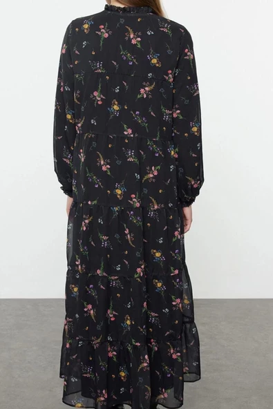 Kadın Moda Şık Tesettür Uzun Dik Yaka Oversize Çıtır Çiçek Desenli Yaka Detaylı Dokuma Elbise - 5