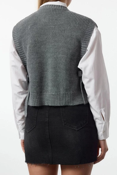 Kadın Moda Şık Bisiklet Yaka Standart Kol Regular İşlemeli Triko Süveter - 4