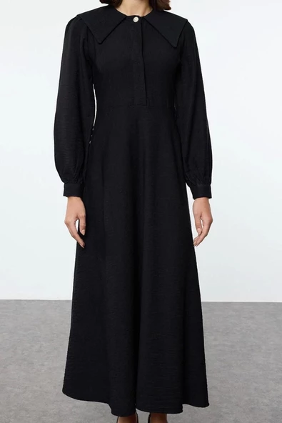 Kadın Moda Şık Tesettür Maxi Boy Bebe Yaka Regular lı Düğme Detaylı Dokuma Elbise