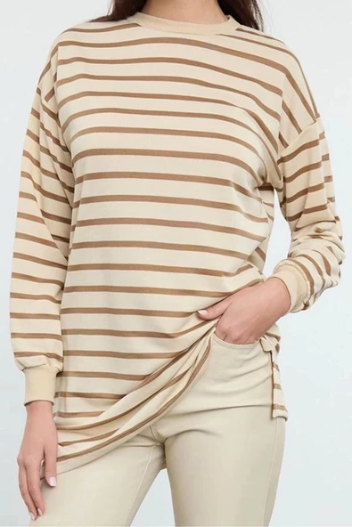 Kadın Tesettür Moda Şık Oversize Bisiklet Yaka Düşük Kol Regular Taş Çizgili Örme Tunik Sweatshirt - 2