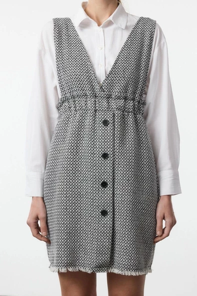 Kadın Moda Şık Mini Boy V Yaka Regular Tüvit Kumaş Jile Dokuma Elbise