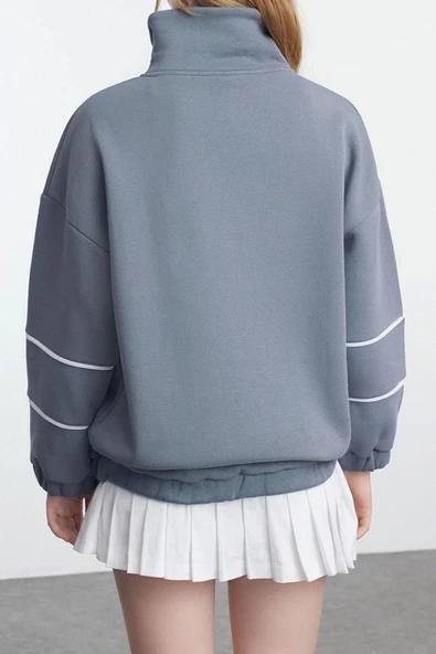 Kadın Moda Şık Oversize Fermuarlı Yaka Düşük Kol Standart Biye Detaylı Geniş Kalıp Örme Sweatshirt - 5