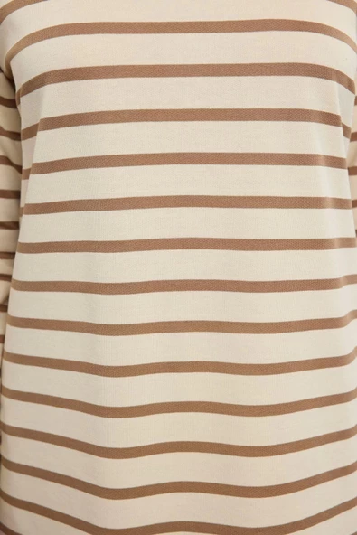 Kadın Tesettür Moda Şık Oversize Bisiklet Yaka Düşük Kol Regular Taş Çizgili Örme Tunik Sweatshirt - 3
