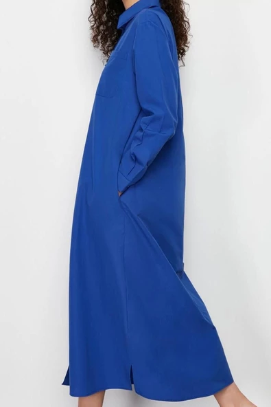Kadın Moda Şık Tesettür Maxi Boy Gömlek Yaka Regular Düz Dokuma Gömlek Elbise - 2