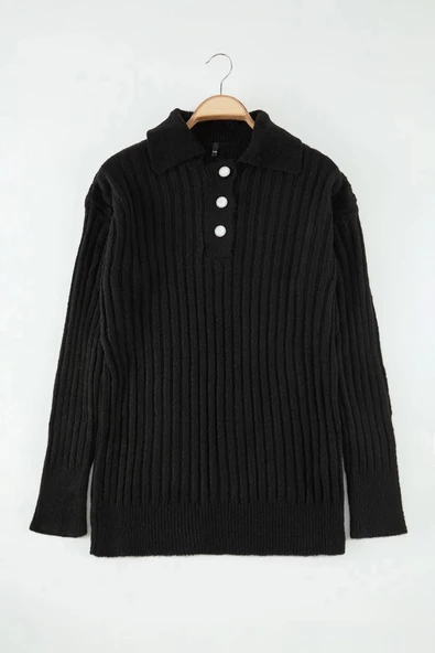 Kadın Moda Şık Tesettür Polo Yaka Standart Kol Midi Yumuşak Dokulu Triko Kazak