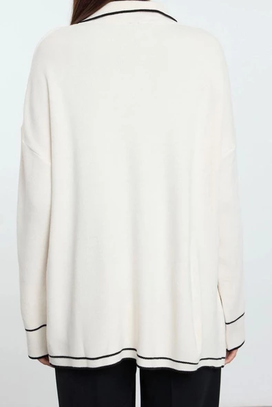 Kadın Moda Şık Tesettür Polo Yaka Standart Kol Regular Renkli Biyeli Triko Hırka - 4