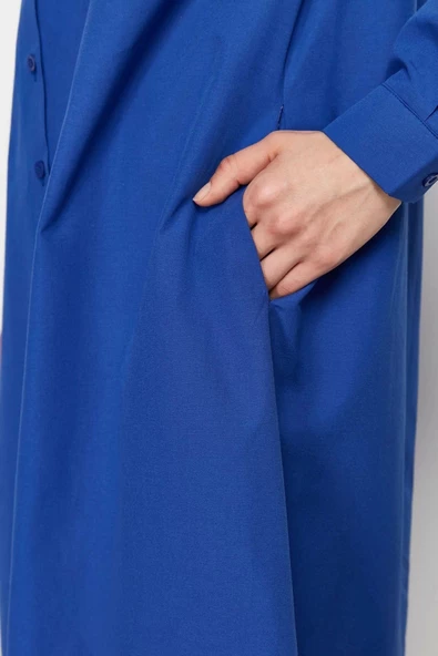 Kadın Moda Şık Tesettür Maxi Boy Gömlek Yaka Regular Düz Dokuma Gömlek Elbise - 4