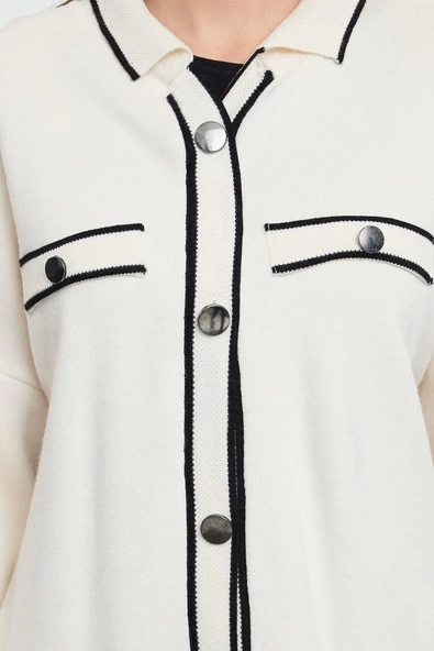 Kadın Moda Şık Tesettür Polo Yaka Standart Kol Regular Renkli Biyeli Triko Hırka - 3