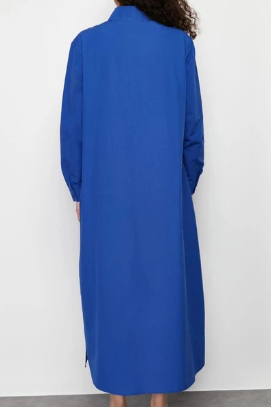 Kadın Moda Şık Tesettür Maxi Boy Gömlek Yaka Regular Düz Dokuma Gömlek Elbise - 6