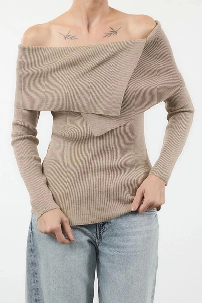 Kadın Moda Şık Carmen Yaka Reglan Kol Regular Basic Triko Kazak