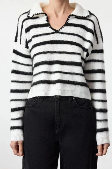 Kadın Moda Şık Polo Yaka Düşük Kol Regular Çizgili Triko Kazak