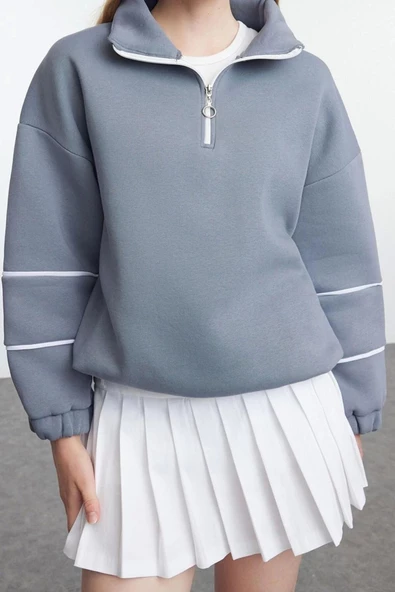 Kadın Moda Şık Oversize Fermuarlı Yaka Düşük Kol Standart Biye Detaylı Geniş Kalıp Örme Sweatshirt - 3