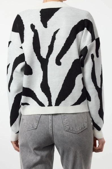 Kadın Moda Şık V Yaka Düşük Kol Regular Animal Desenli Triko Kazak - 4