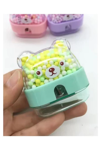 Boncuklu Sevimli Ayıcık Kalemtıraş 1 Adet Hazneli Kalemtraş Ayıcıklı Standart Kalem Açacağı Sevimli Plastik - 4