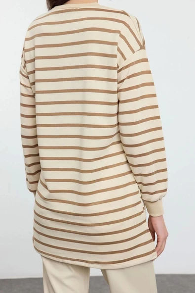 Kadın Tesettür Moda Şık Oversize Bisiklet Yaka Düşük Kol Regular Taş Çizgili Örme Tunik Sweatshirt - 4