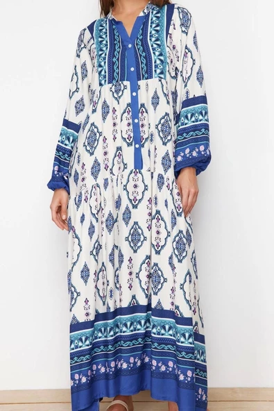 Kadın Moda Şık Tesettür Maxi Boy V Yaka Relaxed Çiçek Desenli Dokuma Viskon Elbise
