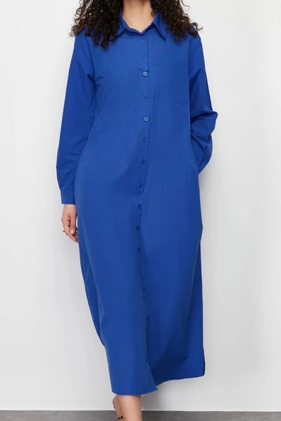 Kadın Moda Şık Tesettür Maxi Boy Gömlek Yaka Regular Düz Dokuma Gömlek Elbise - 5
