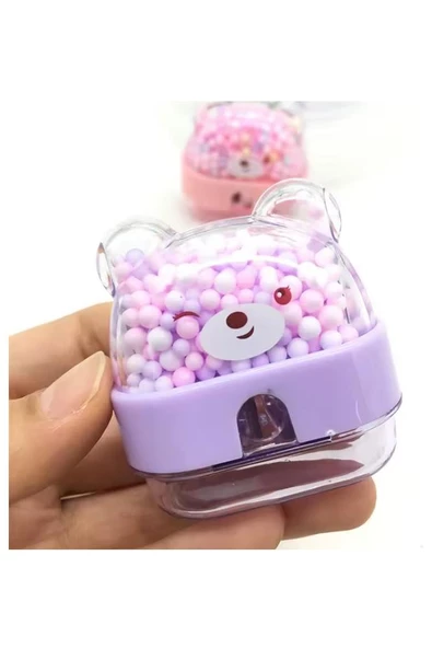 Boncuklu Sevimli Ayıcık Kalemtıraş 1 Adet Hazneli Kalemtraş Ayıcıklı Standart Kalem Açacağı Sevimli Plastik - 2