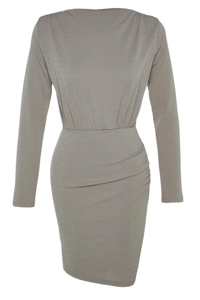 Kadın Moda Şık Mini Boy Kayık Yaka Slim Premium Dokulu Krep Drape Detaylı Örme Elbise