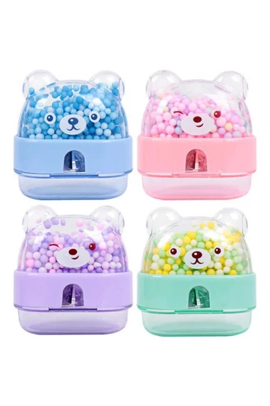 Boncuklu Sevimli Ayıcık Kalemtıraş 4 Renk 1 Paket Hazneli Kalemtraş Ayıcıklı Standart Kalem Açacağı Sevimli Plastik