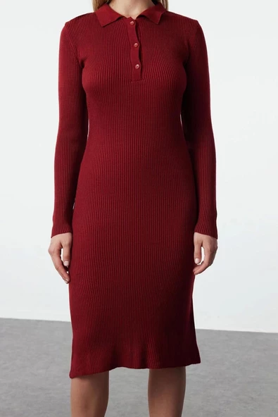 Kadın Moda Şık Midi Boy Polo Yaka Slim Triko Elbise