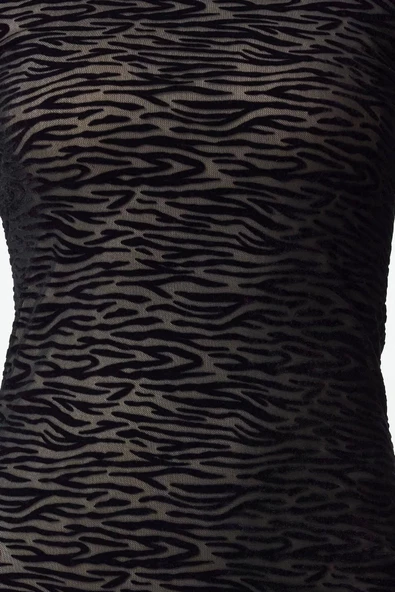 Kadın Moda Şık Mini Boy Dik Yaka Fitted Floklu Zebra Desenli Astarlı Tül Elbise - 3
