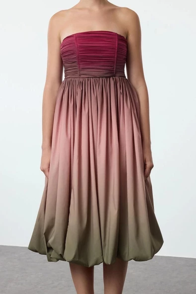 Kadın Moda Şık Midi Boy Straplez Fitted Degrade Desenli Balon Etek Detaylı Poplin Elbise