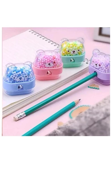 Boncuklu Sevimli Ayıcık Kalemtıraş 4 Renk 1 Paket Hazneli Kalemtraş Ayıcıklı Standart Kalem Açacağı Sevimli Plastik - 3