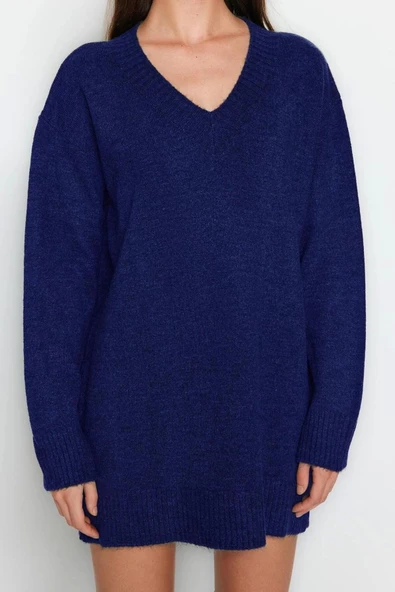 Kadın Moda Şık Mini Boy V Yaka Oversize Triko Yumuşak Dokulu Elbise Triko Yumuşak Dokulu