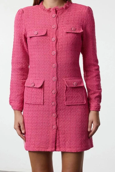 Kadın Moda Şık Mini Boy Bisiklet Yaka Regular Pink Düz Kesim Tüvit Ceket Dokuma Elbise