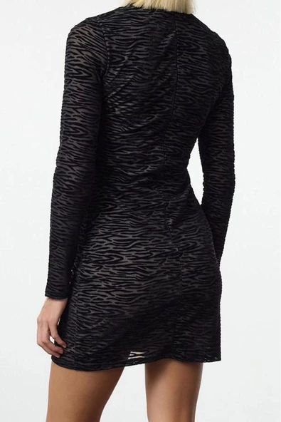 Kadın Moda Şık Mini Boy Dik Yaka Fitted Floklu Zebra Desenli Astarlı Tül Elbise - 4